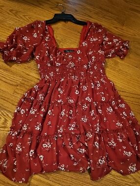 Trixxi Red Floral Square-Neck Tiered Mini Dress